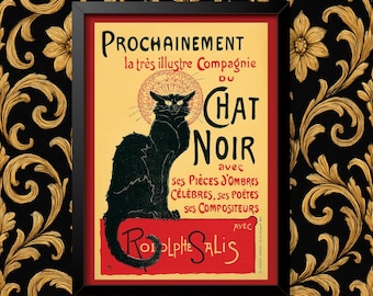 Le Chat Noir Print Vintage Cat Bar Wall Art Poster, Framed or Unframed, multiple Sizes, Travel Railway Decor