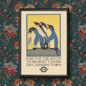 Vintage For the Zoo by the Underground of London Penguins Wall Art Travel Railway Poster A4 and A3 size Sign print Framed or Unframed