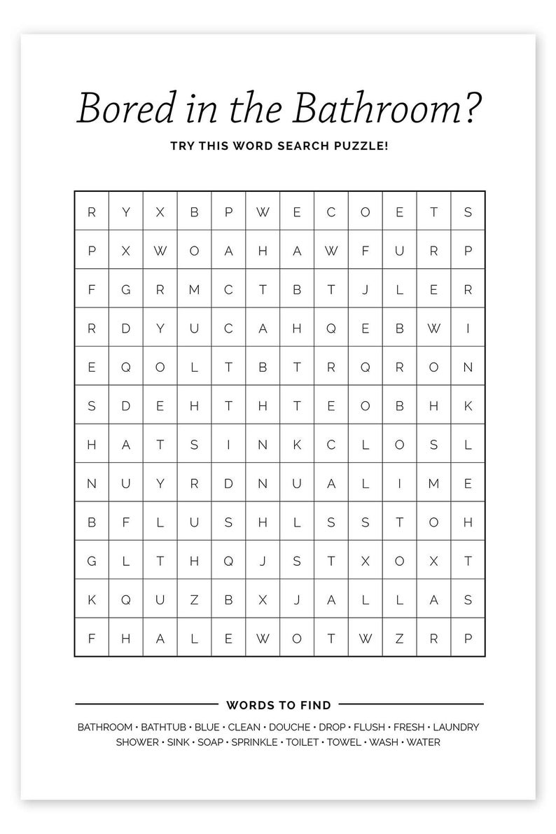 Bathroom Wordsearch Funny Poster Bathroom Decoration Print Picture Wall Art Toilet Restroom Home Decor A4/A3 Framed / Unframed