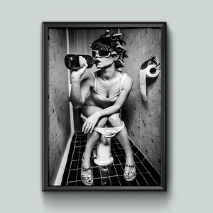 Girl on toilet drinking funny Wall Art Poster Home Decor Sign print Various sizes Framed or Unframed ideal for students or children