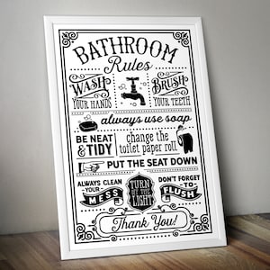 Bathroom Rules funny Wall Art insperational Guide Poster A4 and A3 size Sign print Framed or Unframed ideal for students or children