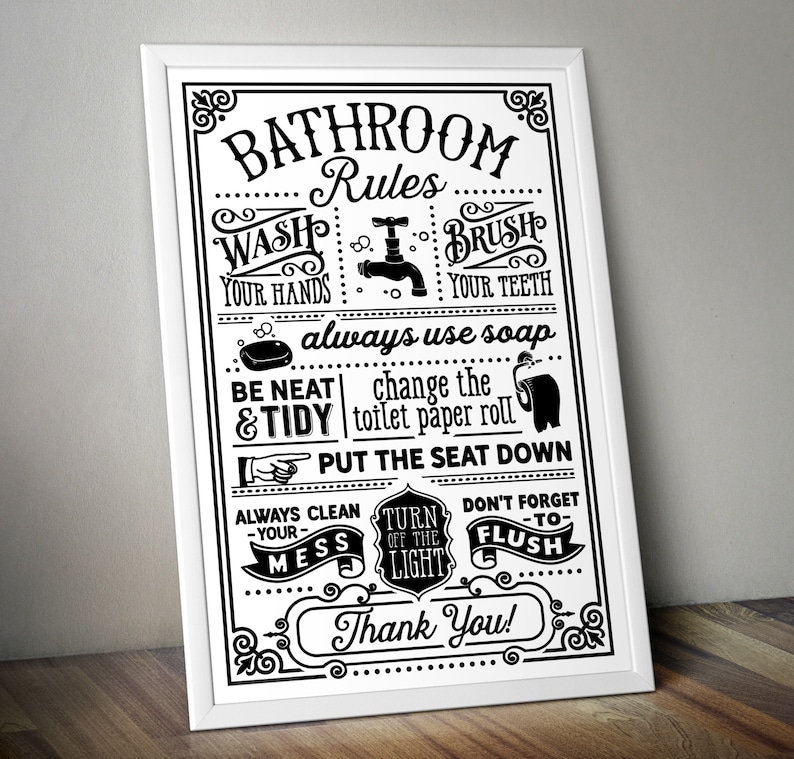 Bathroom Rules funny Wall Art insperational Guide Poster A4 and A3 size Sign print Framed or Unframed ideal for students or children