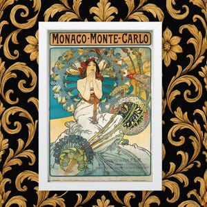 Vintage Travel Monaco Monte Carlo 1897, Alphonse Mucha, Reproduction 250gsm A4 & A3 Art Nouveau  Poster Print Framed Unframed Home Decor