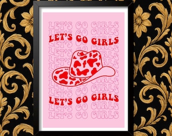 Lets Go Girls Pink wall art, minimalist Word Art poster, typography framed or unframed