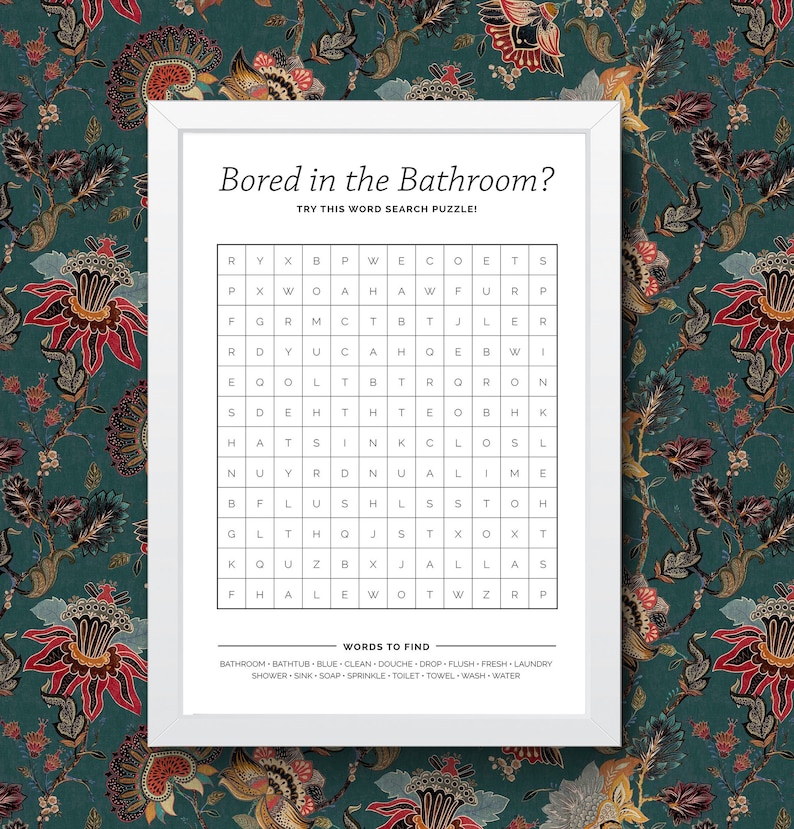 Bathroom Wordsearch Funny Poster Bathroom Decoration Print Picture Wall Art Toilet Restroom Home Decor A4/A3 Framed / Unframed