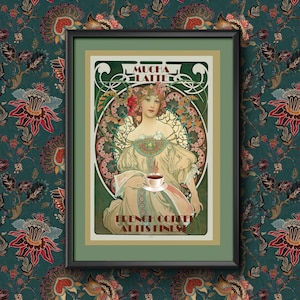 Poster Vintage Alphonse Mucha French Coffee Drinks Wall Art Print, Various sizes Framed or Unframed, Kitchen Decor