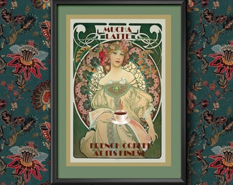 Poster Vintage Alphonse Mucha French Coffee Drinks Wall Art Print, Various sizes Framed or Unframed, Kitchen Decor