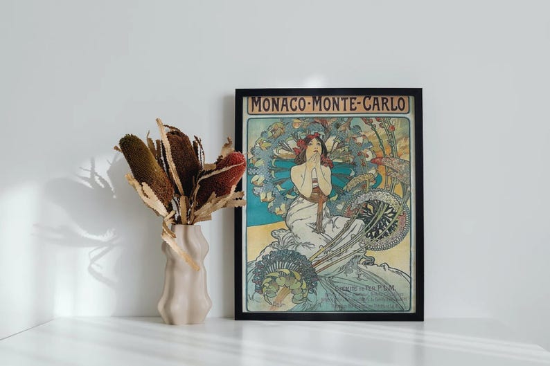 Vintage Travel Monaco Monte Carlo 1897, Alphonse Mucha, Reproduction 250gsm A4 & A3 Art Nouveau  Poster Print Framed Unframed Home Decor