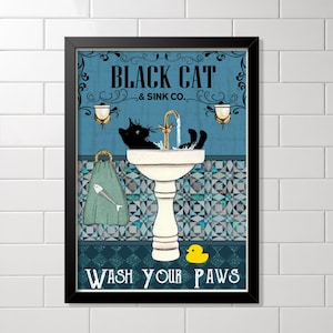 Czarny kot myj łapy plakat dekoracja łazienki wydruk zwierzęcy sztuka ścienna vintage toaleta wystrój domu oprawiony / bez ramki