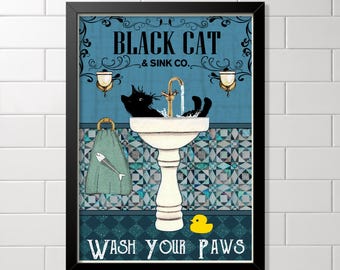 Black Cat Bathroom Wall Art A3 Bathroom Print, Cat Handwash Sign Wash your Paws