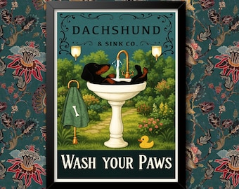 Dachshund Wash Your Paws Poster Bathroom Decoration Print Dog Animal Picture Vintage Wall Art Toilet Restroom Home Decor Framed / Unframed