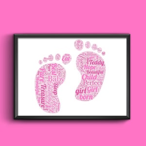 Niños Niñas Pies de bebé Bautizo Arte de palabras personalizado con cualquier palabra de su elección, cualquier palabra de cualquier color, impresión en tamaño A4/A3 Enmarcado/Sin marco