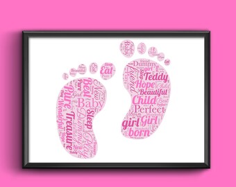 Boys Girls Baby Feet Christening Word Art personalised with any words of your choice, any words any colour A4/A3 size print Framed/Unframed
