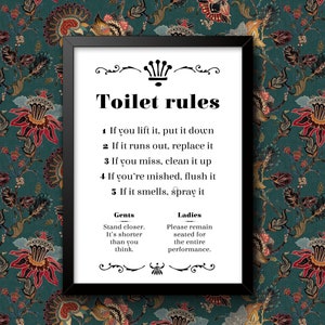 Reglas del baño, arte de pared divertido, guía insperacional, póster, tamaño A4 y A3, impresión de letreros enmarcados o sin marco, ideal para estudiantes o niños