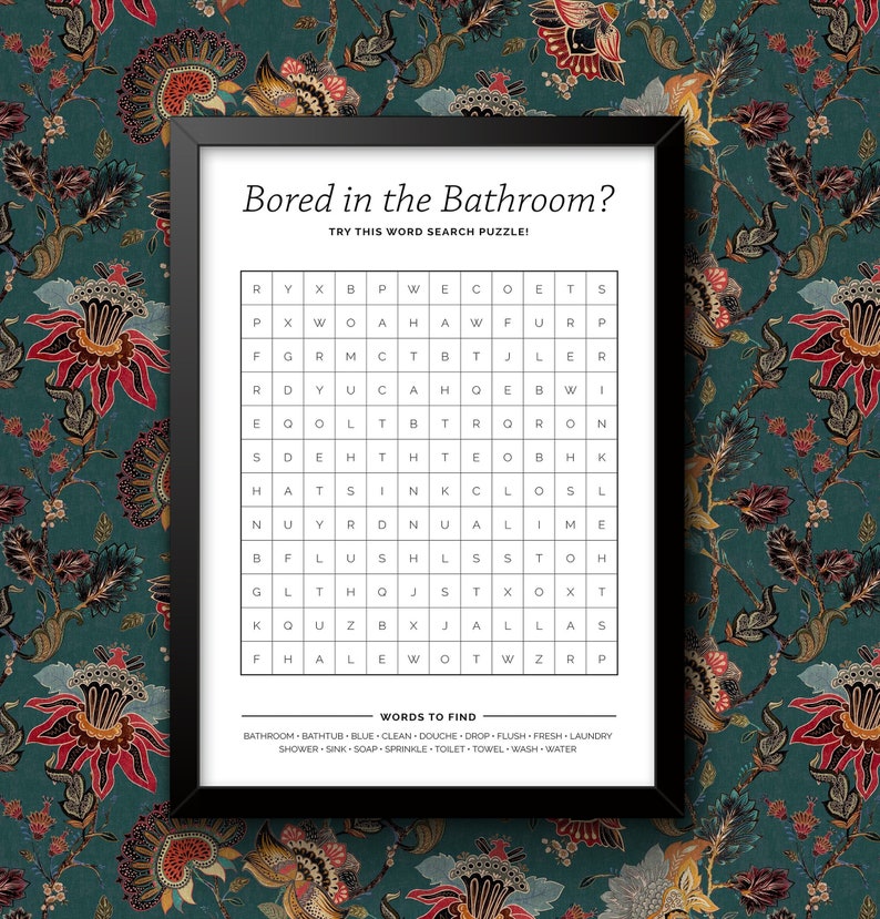 Bathroom Wordsearch Funny Poster Bathroom Decoration Print Picture Wall Art Toilet Restroom Home Decor A4/A3 Framed / Unframed