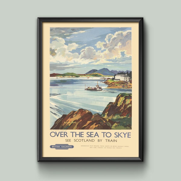 vintage Over the Sea to Skye Railway British Travel Poster Wall Art Railway A4 et A3 taille impression Encadrée ou non encadrée