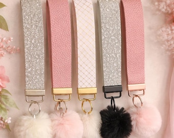 Pom Pom Wristlet Keychain | Personalised Keyring | Faux Leather Wrist Strap | Cute Gift for Her | Car Key Holder | UK Handmade