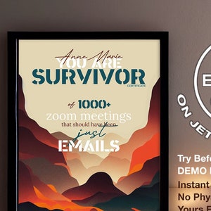 Meeting survivor certificate, gift for colleagues, last minute gift, Fully editable on Jettemplate, Yours forever, JET