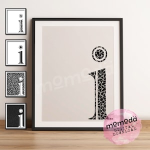 4in1 Letra I Monograma Imprimible Mosaico Moderno Iniciales Minimalistas Cartel Decoración de Pared Alfabeto Blanco y Negro Carácter Arte Descarga Digital