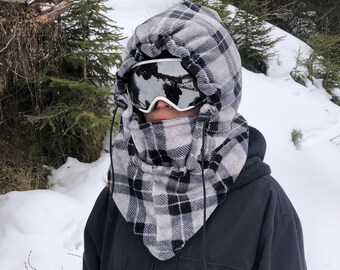 Gray checks Ski Hood, Capuchon hat, Fits Over Helmet, Bivak hood, Balaclava, Snood, Helmet Hood, fleece ski hood, nek warmer.