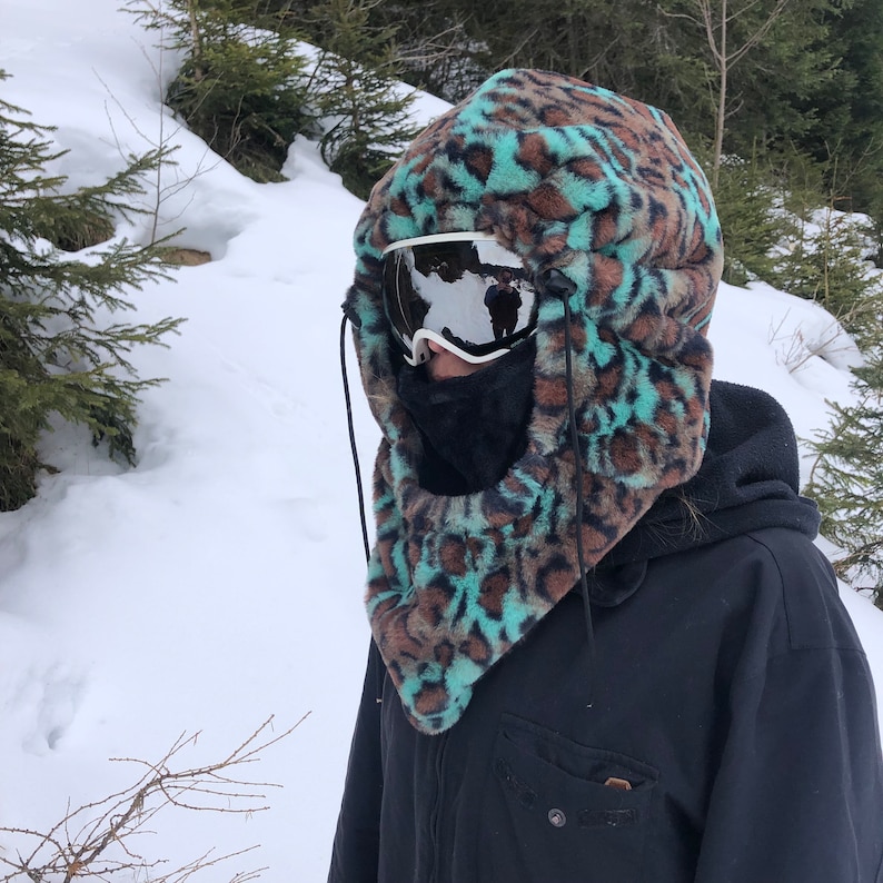 Leopard Ski Hood, Capuchon Hat, Fits Over Helmet, Bivak Hood, Balaclava