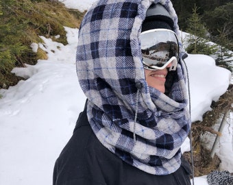 Blue checks Ski Hood, Capuchon hat, Fits Over Helmet, Bivak hood, Balaclava, Snood, Helmet Hood, fleece ski hood, nek warmer.