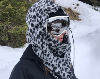 Gray leopard Ski Hood, Capuchon hat, Fits Over Helmet, Bivak hood, Balaclava, Snood, Helmet Hood, fleece ski hood, nek warmer.