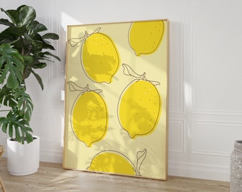 Cartel de limones, impresión de arte de pared de cocina, arte imprimible de ilustración, descarga digital, minimalista escandinavo moderno