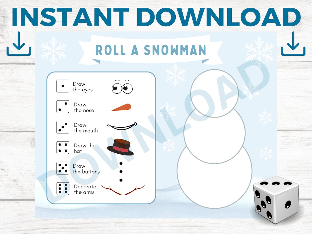 Roll a Snowman Roll, Dice Game, Holiday Game Kids, Instant Download