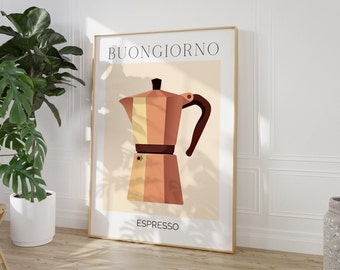 Impresión digital de Bongiorno Espresso, póster de café moderno, Moka Espresso, arte colorido ecléctico imprimible, regalo de inauguración de la casa, café