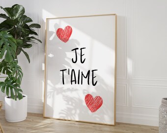 Impresión digital "Je t'aime", póster de estilo francés, póster tipográfico, decoración ecléctica del hogar, regalo para ella, impresión francesa, impresión roja llamativa, arte encantador
