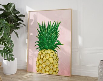Cartel de piña, impresión de arte de pared de cocina, decoración de frutas tropicales, arte imprimible de ilustración, descarga digital, minimalista escandinavo moderno