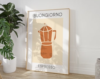 Impresión de "Buongiorno Espresso", póster de café retro, impresión de decoración de cocina, arte mural de cocina beige y marrón, impresión para amantes del café, cocina italiana