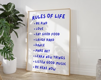 Impresión de tipografía de reglas de vida, decoración de pared ecléctica, impresión digital, impresión de tipografía, regalo de última hora