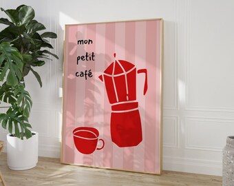 Arte de pared de cocina moderna, impresión digital de ilustración Mocka Pot sobre fondo de rayas rosa y blanco, estilo retro, decoración de pared de cocina retro