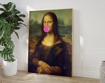 Bubble Gum Mona Lisa, arte alterado de retrato vintage, decoración maximalista, rosa eléctrico, decoración del hogar rosa eléctrico, impresión de pared feminista