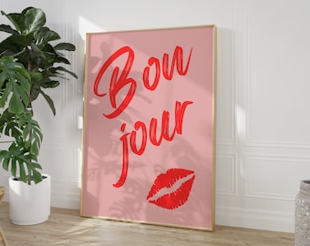 Bonjour, impresión de estilo parisino, arte de pared rosa y rojo, arte de pared en colores pastel, arte de París en colores pastel, impresión de labios, arte de pared francés lindo, regalo de última hora