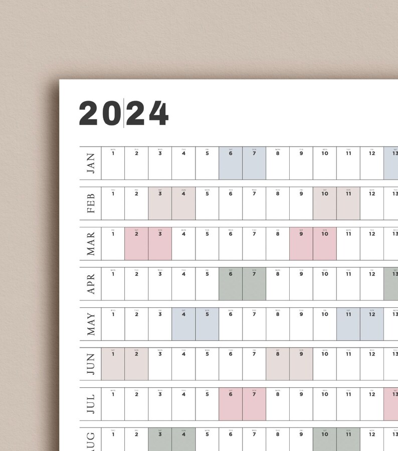 Buy Printable Full Year Calendar 2024 A2 A1 Landscape Wall Online in