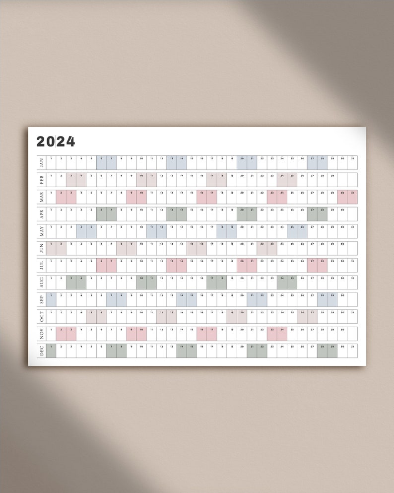Printable Full Year Calendar 2024 A2 A1 Landscape Wall Etsy