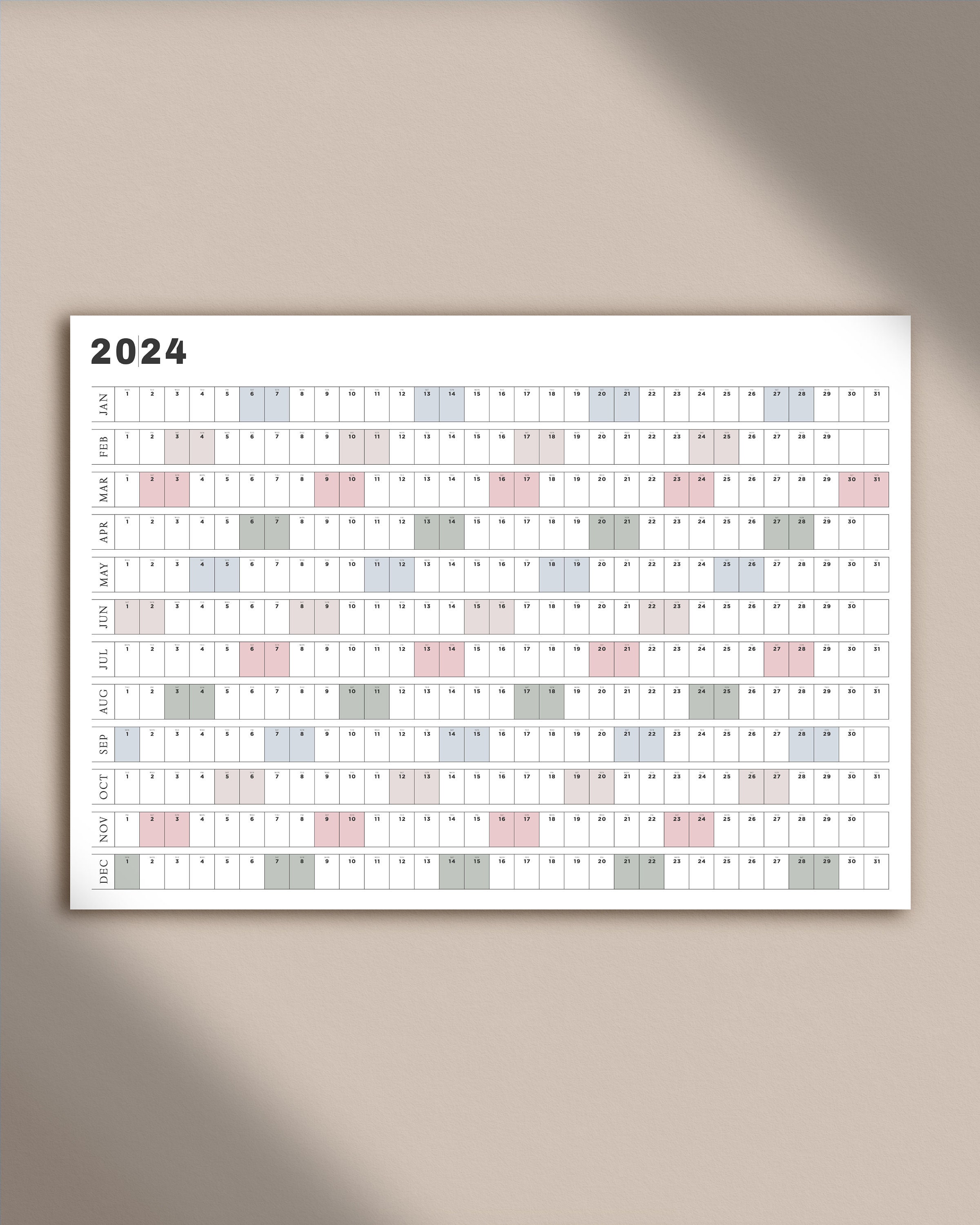 Printable Full Year Calendar 2024 A2 A1 Landscape Wall Etsy