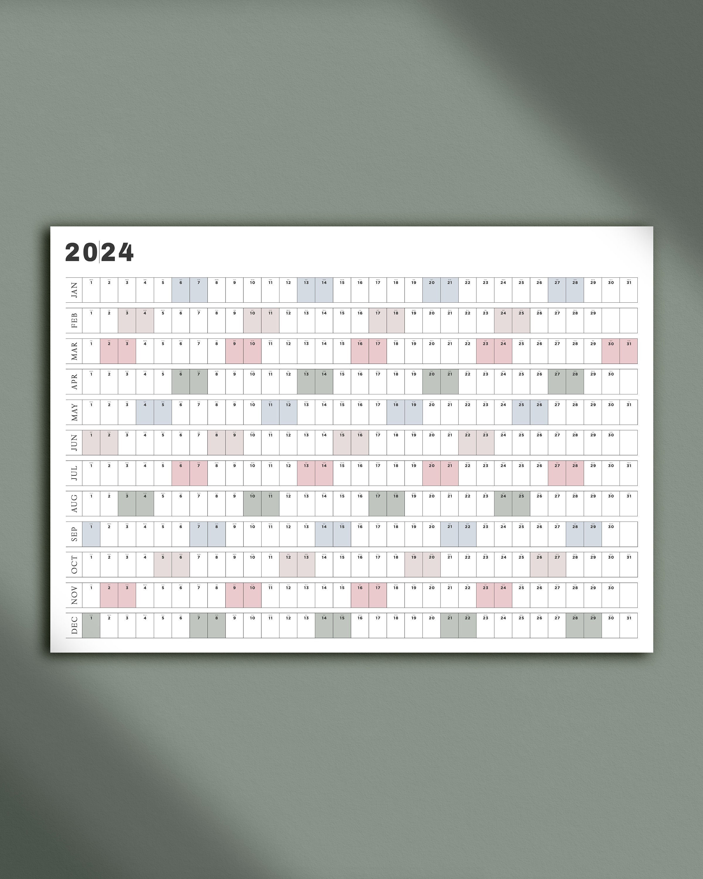 Printable Full Year Calendar 2024 A2 A1 Landscape Wall Etsy