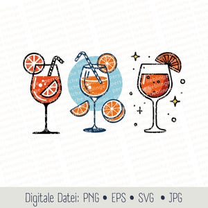 May include: Three illustrations of orange cocktails with orange slices and straws. The cocktails are in tall glasses with a blue background behind them.
