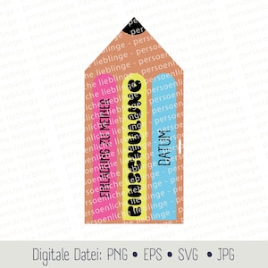 May include: A pencil-shaped invitation card with a brown body, black tip, and colorful stripes. The card features text in German, including "EINLADUNG ZU MEINER" and "DATUM". The design is suitable for digital use.