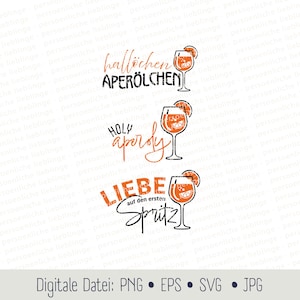 May include: Three digital designs featuring a glass of Aperol Spritz with text overlays. The first design says "hallichen Aperolchen", the second says "HOLY apordy", and the third says "LIEBE auf den ersten Spritz".