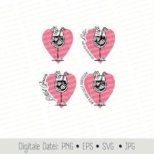 May include: Four pink heart-shaped designs with black outlines. Each heart features a black and white illustration of a glass of wine with a straw and a floral garnish. The text on the hearts reads "Little Queen", "Bitte hier Lillet abstellen", "Pillar", and "Persönliche lieblinge".