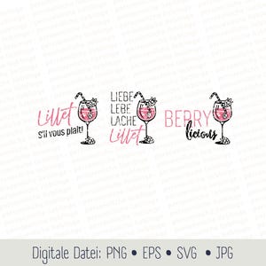 May include: Three illustrations of a glass of pink drink with a straw and a decorative flower. The first illustration says "Lillet S'il vous plait!" The second illustration says "Liebe Lebe Lache Lillet". The third illustration says "Berry Licious".