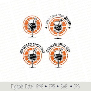 May include: Four orange and black circular designs with a glass of Spritz in the center. The text on the designs reads "Liebe auf den ersten Spritz", "Wir sind auf Spritz Tour", "Ich bin auf Spritz Tour", and "Liebe auf den ersten Spritz".
