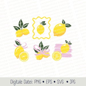 May include: A collection of yellow lemon illustrations with green leaves and pink ribbons. Some lemons are whole, others are sliced. The image includes the text "Digitale Datei: PNG • EPS • SVG • JPG".