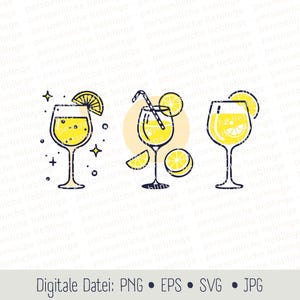 Peut inclure: Trois illustrations de cocktails jaunes avec des tranches de citron et une paille. Les boissons sont dans des verres à pied. L'image comprend le texte "Digitale Datei: PNG • EPS • SVG • JPG".
