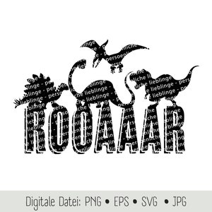 May include: Black and white silhouette design of dinosaurs with the word "ROAR" written in a bold font. The word "ROAR" is made up of the repeated words "Lieblinge - Personliche Lieblinge" in German.